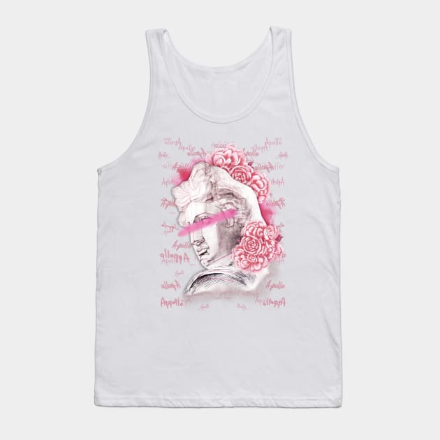 Apollo head statue with a pink peony flowers and buds on a black background. Tank Top by Olena Tyshchenko